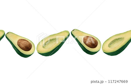 Seamless border with avocado halves with a bone. Watercolor illustration on white background. For cards, design, fabric, textile, menu, wrapping paper 117247669