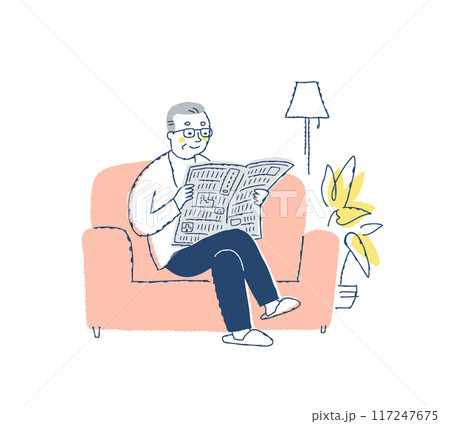 ソファーに座って新聞を読んでいるシニア男性 ソファーに座って新聞を読んでいるシニア男性 117247675
