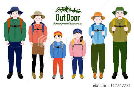 親子やシニア男性・女性の家族が秋冬の服装でアウトドアやキャンプ・登山を楽しむ姿を描いた全身イラスト 117247781