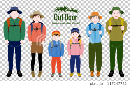 一幅全身插畫，描繪了一家人的父母、孩子和老年男女穿著秋冬服裝享受戶外、露營和登山的樂趣。 117247781
