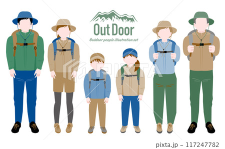 親子やシニア男性・女性の家族が秋冬の服装でアウトドアやキャンプ・登山を楽しむ姿を描いた全身イラスト 117247782