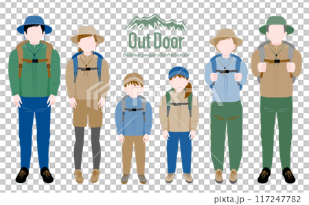 一幅全身插畫,描繪了一家人的父母、孩子和老年男女穿著秋冬服裝享受戶外、露營和登山的樂趣。 一幅全身插畫,描繪了一家人的父母、孩子和老年男女穿著秋冬服裝享受戶外、露營和登山的樂趣。 117247782
