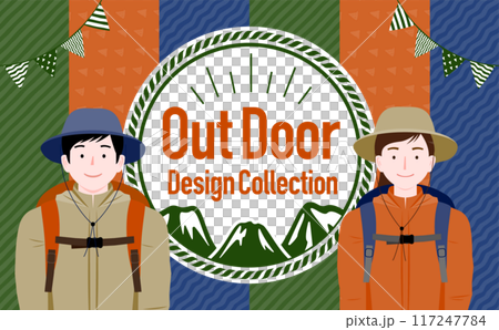 帶有框架和複製空間的插圖，想像一對夫婦在秋季和冬季戶外爬山。 117247784