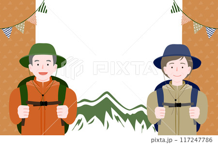 秋冬のアウトドアシーンでシニア夫婦・男女の登山をイメージしたフレーム・コピースペース付きイラスト 117247786