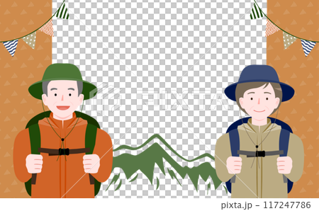 秋冬のアウトドアシーンでシニア夫婦・男女の登山をイメージしたフレーム・コピースペース付きイラスト 117247786