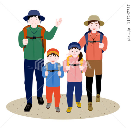 子ども・キッズが楽しむ家族・親子での秋冬のアウトドアキャンプ・登山シーンをイメージしたイラスト 子ども・キッズが楽しむ家族・親子での秋冬のアウトドアキャンプ・登山シーンをイメージしたイラスト 117247787