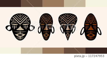 African masks ethnic tribal design, Set collection Primitive ritual mask of savages. Banner of Art design vintage engraving. Aztec Afro Indian Maya Mexican traditional native culture wooden carnival 117247953