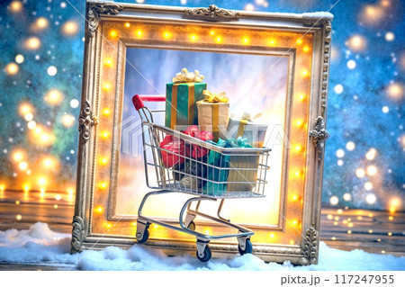 Trolley with Christmas New Year gifts in a glowing holiday frame 117247955