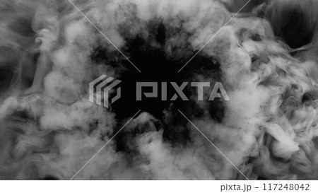 Abstract Atmospheric White Smoke Texture Background on Black 117248042