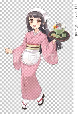 Moe anime style character portrait: A girl in a teahouse wearing a kimono 117248111