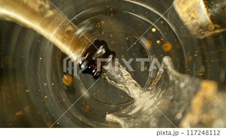 Freeze Motion Shot of Champagne Wine Pouring, Unique Angle of View from the Bottom of the Glass 117248112