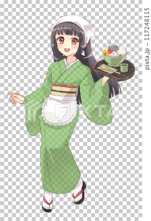 着物の女性キャラクター 印刷物 萌えアニメ風キャラクター立ち絵 着物を着た茶屋の女の子のイラスト