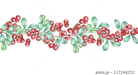 Cranberry seamless border watercolor clipart featuring intertwined lingonberry branches with bright red berries and green leaves. Perfect for recipe book illustrations, festive banners, or gift tags 117248252