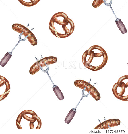 Seamless watercolor pattern with pretzels and grilled sausages. Ideal for party invitations, festive tablecloths, themed merchandise, and event decorations for Oktoberfest celebrations. Seamless watercolor pattern with pretzels and grilled sausages. Ideal for party invitations, festive tablecloths, themed merchandise, and event decorations for Oktoberfest celebrations. 117248279