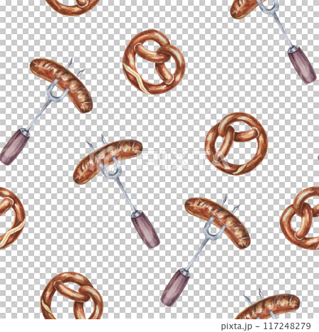 Seamless watercolor pattern with pretzels and grilled sausages. Ideal for party invitations, festive tablecloths, themed merchandise, and event decorations for Oktoberfest celebrations. Seamless watercolor pattern with pretzels and grilled sausages. Ideal for party invitations, festive tablecloths, themed merchandise, and event decorations for Oktoberfest celebrations. 117248279