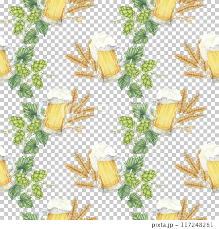 Beer mugs, barley spikes, and green hops backdrop clipart. Watercolor seamless pattern perfect for eco-friendly packaging, rustic-themed home decor, product branding, and nature-inspired designs. 117248281