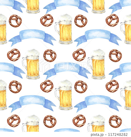 Watercolor seamless pattern with beer mugs, pretzels, and blue ribbons. Perfect for creating event invitations, party supplies, themed merchandise, and festive tablecloths for Oktoberfest Watercolor seamless pattern with beer mugs, pretzels, and blue ribbons. Perfect for creating event invitations, party supplies, themed merchandise, and festive tablecloths for Oktoberfest 117248282