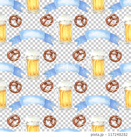 Watercolor seamless pattern with beer mugs, pretzels, and blue ribbons. Perfect for creating event invitations, party supplies, themed merchandise, and festive tablecloths for Oktoberfest Watercolor seamless pattern with beer mugs, pretzels, and blue ribbons. Perfect for creating event invitations, party supplies, themed merchandise, and festive tablecloths for Oktoberfest 117248282