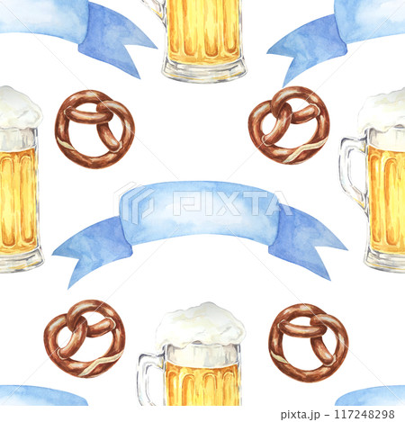 Beer mugs, pretzels, and blue ribbons clipart. Watercolor seamless pattern perfect for event invitations, party decorations, themed merchandise, and festive tablecloths for Oktoberfest Beer mugs, pretzels, and blue ribbons clipart. Watercolor seamless pattern perfect for event invitations, party decorations, themed merchandise, and festive tablecloths for Oktoberfest 117248298