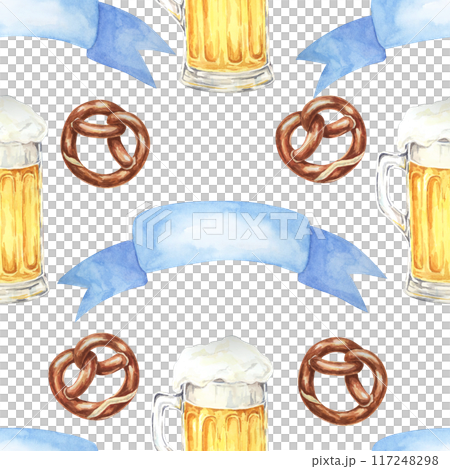 Beer mugs, pretzels, and blue ribbons clipart. Watercolor seamless pattern perfect for event invitations, party decorations, themed merchandise, and festive tablecloths for Oktoberfest Beer mugs, pretzels, and blue ribbons clipart. Watercolor seamless pattern perfect for event invitations, party decorations, themed merchandise, and festive tablecloths for Oktoberfest 117248298