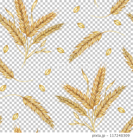 Clusters of golden Barley or Wheat ears. Watercolor seamless pattern for autumn-themed textiles, rustic wallpaper, eco-friendly product packaging, and organic branding materials, Shavuot, thanksgiving Clusters of golden Barley or Wheat ears. Watercolor seamless pattern for autumn-themed textiles, rustic wallpaper, eco-friendly product packaging, and organic branding materials, Shavuot, thanksgiving 117248309