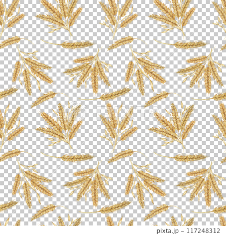 Wheat or barley golden cereal spikes backdrop for Thanksgiving, bakery, Shavuot. Seamless watercolor for fabric designs, nature-themed packaging, eco-conscious branding, and rustic home decor projects 117248312