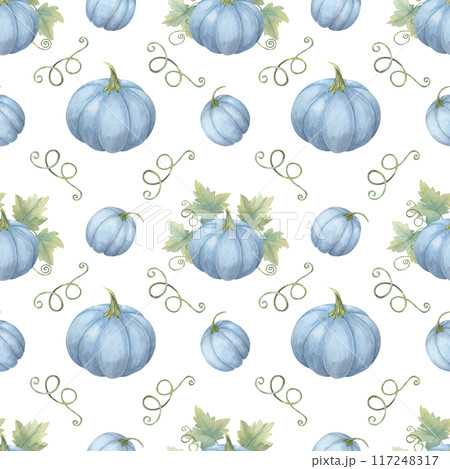 Seamless watercolor pattern with blue pumpkins and green leaves. Cozy background Ideal for creating festive tablecloths, party invitations, gift wrap, and seasonal home decor Seamless watercolor pattern with blue pumpkins and green leaves. Cozy background Ideal for creating festive tablecloths, party invitations, gift wrap, and seasonal home decor 117248317