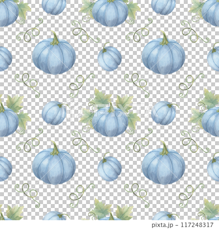Seamless watercolor pattern with blue pumpkins and green leaves. Cozy background Ideal for creating festive tablecloths, party invitations, gift wrap, and seasonal home decor Seamless watercolor pattern with blue pumpkins and green leaves. Cozy background Ideal for creating festive tablecloths, party invitations, gift wrap, and seasonal home decor 117248317