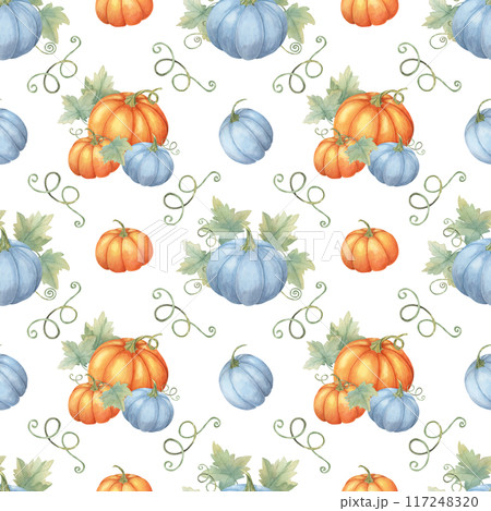 Blue and orange pumpkins with green leaves and vines backdrop. Watercolor seamless pattern great for textile designs, seasonal gift wrap, kitchen towels, and fall-themed party invitations 117248320