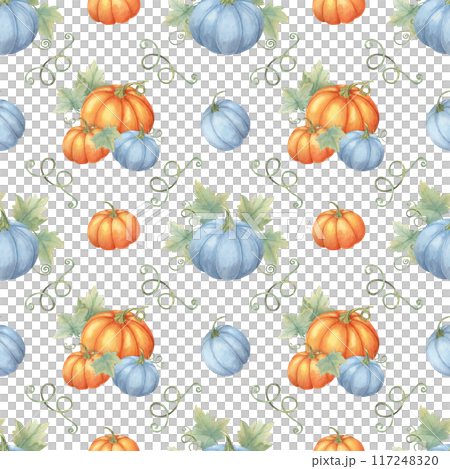 Blue and orange pumpkins with green leaves and vines backdrop. Watercolor seamless pattern great for textile designs, seasonal gift wrap, kitchen towels, and fall-themed party invitations 117248320