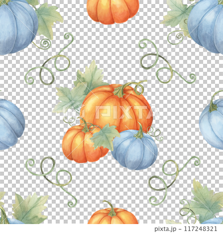 Orange and blue pumpkins with green vines background clipart. Watercolor seamless pattern Ideal for creating autumn-themed fabric designs, gift wrap, party supplies, and eco-friendly packaging 117248321