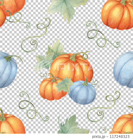 Orange and blue pumpkins with green leaves background. Watercolor seamless pattern Ideal for autumn-themed wrapping paper, textiles, party supplies, and seasonal decorations Orange and blue pumpkins with green leaves background. Watercolor seamless pattern Ideal for autumn-themed wrapping paper, textiles, party supplies, and seasonal decorations 117248323