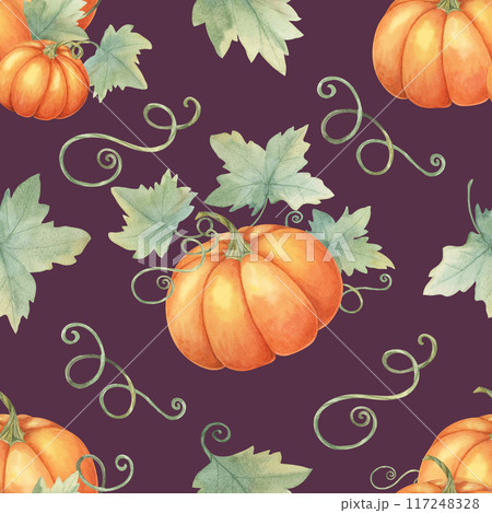 Pumpkins with green vines and foliage background clipart. Watercolor seamless pattern. Perfect for use in textile designs, kitchen decor, seasonal packaging, and fall-themed event decorations Pumpkins with green vines and foliage background clipart. Watercolor seamless pattern. Perfect for use in textile designs, kitchen decor, seasonal packaging, and fall-themed event decorations 117248328