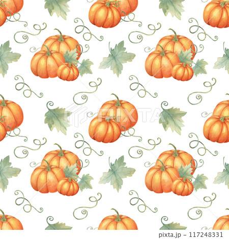 Orange Pumpkins and green leaves in a seamless watercolor pattern. Hand drawn Backdrop Clipart Ideal for creating festive tablecloths, party invitations, gift wrap, and seasonal home decor 117248331