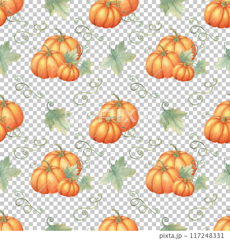 Orange Pumpkins and green leaves in a seamless watercolor pattern. Hand drawn Backdrop Clipart Ideal for creating festive tablecloths, party invitations, gift wrap, and seasonal home decor 117248331