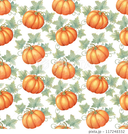 Watercolor seamless pattern of pumpkins with green vines and leaves. Hand drawn background clipart ideal for fabric designs, seasonal gift wrap, kitchen textiles, and fall-themed party supplies 117248332
