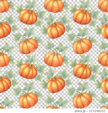 Watercolor seamless pattern of pumpkins with green vines and leaves. Hand drawn background clipart ideal for fabric designs, seasonal gift wrap, kitchen textiles, and fall-themed party supplies 117248332