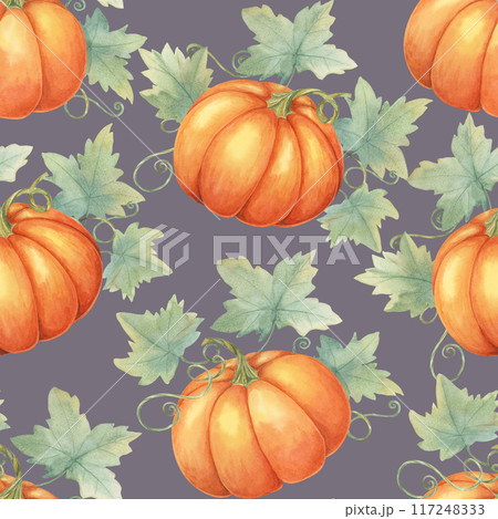 Orange pumpkins and green leaves backdrop clipart. Watercolor seamless pattern for use in home decor, event invitations, themed merchandise, and seasonal tableware. 117248333