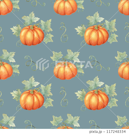 Vibrant orange pumpkins with green foliage clipart. Watercolor seamless pattern great for textile designs, gift wrapping, party supplies, and autumn-inspired stationery 117248334