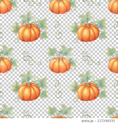 Vibrant orange pumpkins with green foliage clipart. Watercolor seamless pattern great for textile designs, gift wrapping, party supplies, and autumn-inspired stationery Vibrant orange pumpkins with green foliage clipart. Watercolor seamless pattern great for textile designs, gift wrapping, party supplies, and autumn-inspired stationery 117248335