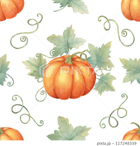Orange pumpkins with green leaves and vines clipart. Watercolor seamless pattern Perfect for autumn-themed wrapping paper, fabric design, party invitations, and seasonal decorations. Orange pumpkins with green leaves and vines clipart. Watercolor seamless pattern Perfect for autumn-themed wrapping paper, fabric design, party invitations, and seasonal decorations. 117248339