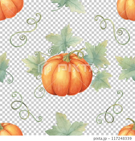 Orange pumpkins with green leaves and vines clipart. Watercolor seamless pattern Perfect for autumn-themed wrapping paper, fabric design, party invitations, and seasonal decorations. Orange pumpkins with green leaves and vines clipart. Watercolor seamless pattern Perfect for autumn-themed wrapping paper, fabric design, party invitations, and seasonal decorations. 117248339