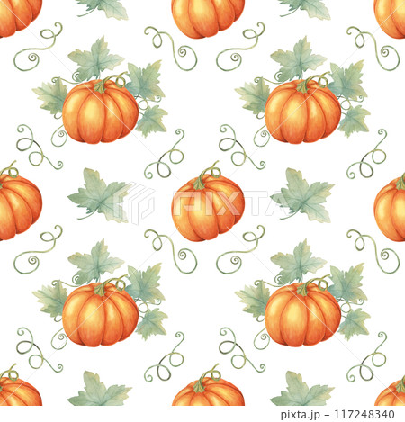 Orange pumpkins with green leaves and vines clipart. Watercolor seamless pattern Perfect for autumn-themed wrapping paper, fabric design, party invitations, and seasonal decorations. 117248340