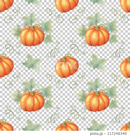 Orange pumpkins with green leaves and vines clipart. Watercolor seamless pattern Perfect for autumn-themed wrapping paper, fabric design, party invitations, and seasonal decorations. 117248340