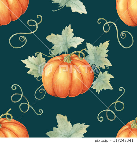 Vibrant orange pumpkins with green foliage clipart. Watercolor seamless pattern great for textile designs, gift wrapping, party supplies, and autumn-inspired stationery Vibrant orange pumpkins with green foliage clipart. Watercolor seamless pattern great for textile designs, gift wrapping, party supplies, and autumn-inspired stationery 117248341