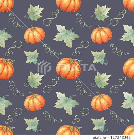 Watercolor seamless pattern of pumpkins with green vines and leaves. Hand drawn background clipart ideal for fabric designs, seasonal gift wrap, kitchen textiles, and fall-themed party supplies Watercolor seamless pattern of pumpkins with green vines and leaves. Hand drawn background clipart ideal for fabric designs, seasonal gift wrap, kitchen textiles, and fall-themed party supplies 117248342