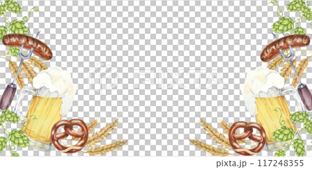 Watercolor banner design featuring frothy beer mugs with pretzels, sausages, hops, and barley. Clipart with blank space for Oktoberfest invitations, beer garden promotions, and festive event banners. Watercolor banner design featuring frothy beer mugs with pretzels, sausages, hops, and barley. Clipart with blank space for Oktoberfest invitations, beer garden promotions, and festive event banners. 117248355