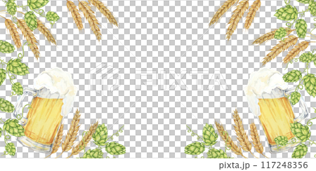 Festive banner template with beer mugs, barley, wheat, and hops in watercolor. Clipart with blank space Ideal for festival promotions, Oktoberfest, beer garden signage, and event invitations Festive banner template with beer mugs, barley, wheat, and hops in watercolor. Clipart with blank space Ideal for festival promotions, Oktoberfest, beer garden signage, and event invitations 117248356