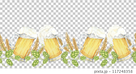 Beer mugs with frothy tops surrounded by hops, barley, and wheat watercolor seamless border. Rustic style Clipart for beer festival flyers, pub banners, and Oktoberfest invitations Beer mugs with frothy tops surrounded by hops, barley, and wheat watercolor seamless border. Rustic style Clipart for beer festival flyers, pub banners, and Oktoberfest invitations 117248358