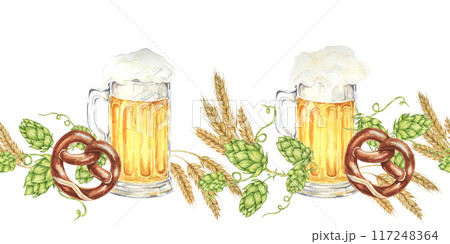 Beer frothy mugs surrounded by green hops, pretzels, and golden barley ears in watercolor. Seamless border clipart for Oktoberfest banners, beer festival flyers, pub decor, bottle labels, promotions 117248364